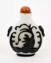 18th/19th century black overlay glass snuff, decorated with carp