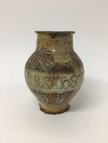 Late 17th/early 18th century Italian maiolica wet drug jar, inscribed 'Rosato Solutivo' (syrup of ro