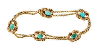 Late Victorian gold and turquoises bracelet, the double strand with a knotted design set with turquo