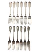 Six Victorian silver fiddle pattern dinner forks and six George IV same pattern