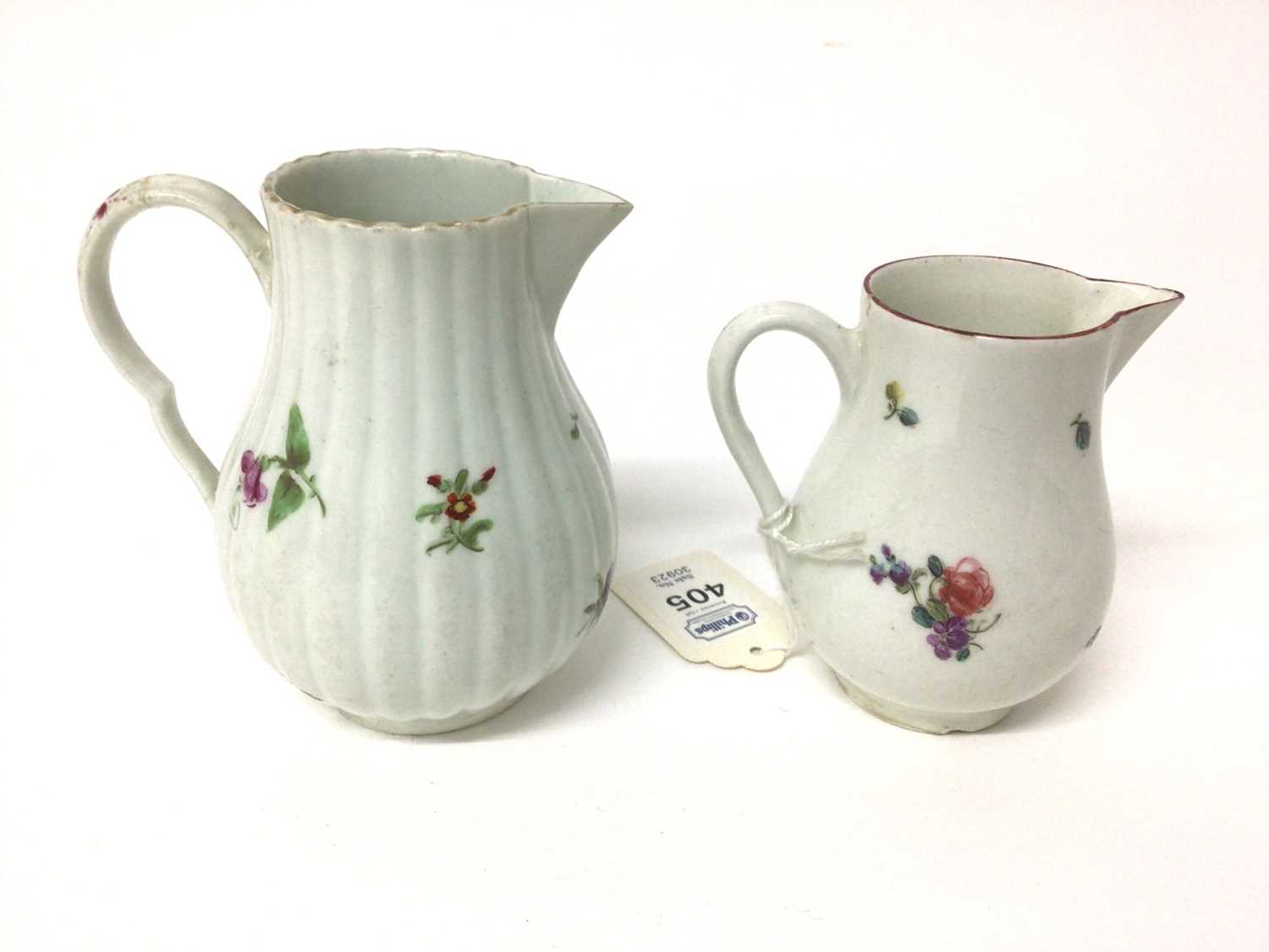 Two 18th century Worcester sparrow beak cream jugs, one with a fluted body, both polychrome decorate - Image 2 of 4