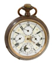 Early 20th century Goliath calendar pocket watch with lunar phase, day, date and month and subsidiar