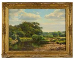 *Tony Sheath (b.1946) oil on canvas - River Landscape, signed, in gilt frame