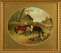 John Frederick Herring (1815-1907) oil on canvas - Farmyard with horses ducks and chickens beside a