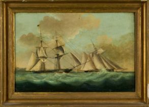 English School, early 19th century, oil on panel - Shipping off the Coast, 28.5cm x 43cm, in gilt fr