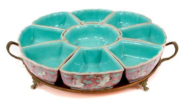 Antique Chinese porcelain hors d'oeuvres set, late 19th/early 20th century, polycrome painted with f