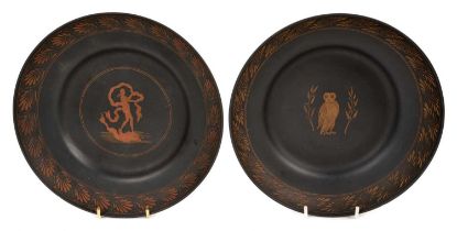An unusual pair of Basalt pottery dishes, possibly late 18th century Wedgwood, decorated in the Etru