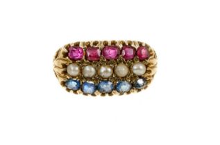 Victorian ruby, sapphire and pearl triple row ring