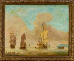 Manner of Peter Monamy (1681-1749) oil on canvas - Shipping at Anchor, 69cm x 85cm, in period papier