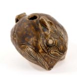 12th century Khmer brown glazed smiling rabbit lime pot