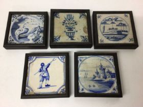 Group of five framed 18th century Dutch blue and white delftware tiles, including Jonah and the Whal