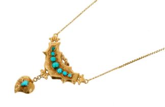 Victorian gold and turquoise necklace with a heart shape pendant drop suspended from an engraved gol
