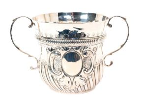 Victorian silver twin handled cup in the form of an early 18th century style porringer