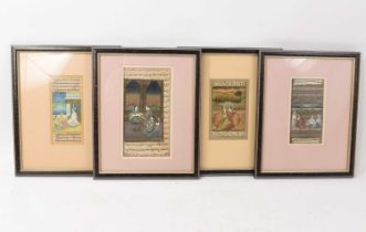 Four antique Indo-Persian illuminated manuscript leaves, painted in gouache with figural scenes, all