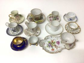 Group of Continental porcelain cups and saucers, including Dresden, Limoges, Herend, Royal Copenhage