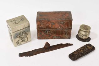 Japanese works of art, including two relief decorated card boxes, the largest 12cm wide, bronze figu