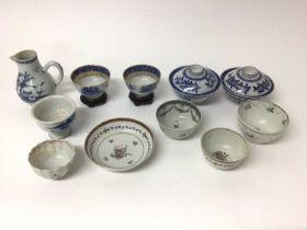 Group of 18th century Chinese porcelain, including a pair of blue and white tea bowls on stands, a p