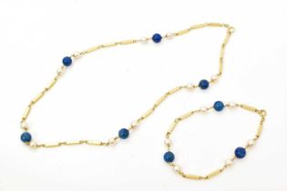 14ct gold bar link chain interspaced with cultured pearls and lapis lazuli beads necklace and a matc