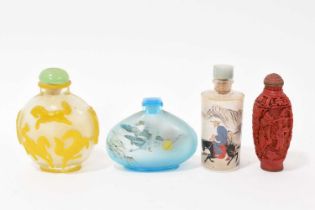 Peking style overlay glass snuff bottle, 8cm high, together with two inside painted snuffs and a cin