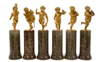 Set of six 19th century ormolu cherubs, emblematic of music and merriment. on marble columns