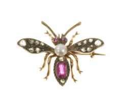 Victorian insect brooch set with rose cut diamonds, rubies and a seed pearl