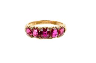 Late Victorian ruby five stone ring with five graduated oval mixed cut rubies with diamond accents t