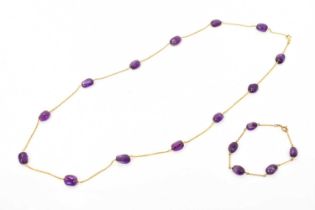 18ct gold and amethyst bead necklace and a similar 8ct gold bar link and amethyst bracelet (2)