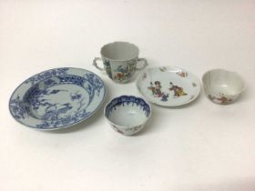 Chinese famille verte two handled chocolate cup, Kangxi, two tea bowls, a saucer and a small blue an
