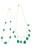 Two antique gold and turquoise necklaces, each with natural turquoise matrix beads