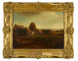 Peter De Wint (1784-1849) oil on canvas - Stacking Hay, label verso, 41cm x 56cm, in gilt frame