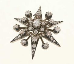 Victorian diamond star brooch with old cut and rose cut diamonds, in box