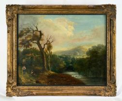 Attributed to Charlotte Nasmyth (1804-1884) oil on board - Figures beside a River in Extensive Lands