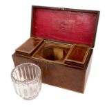 George III burr yew wood veneered tea caddy with original cut glass mixing bowl and two canisters