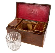 George III burr yew wood veneered tea caddy with original cut glass mixing bowl and two canisters