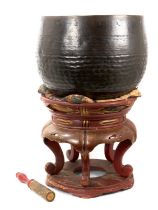 Japanese bronze temple gong or singing bell, on stand