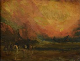 Manner of David Cox, 19th century, oil on canvas - 'Vivid Sunset', inscribed verso, 18cm x 23cm, in