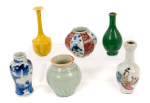 Six miniature 19th century Chinese and Japanese vases, including one blue and white, one famille ros