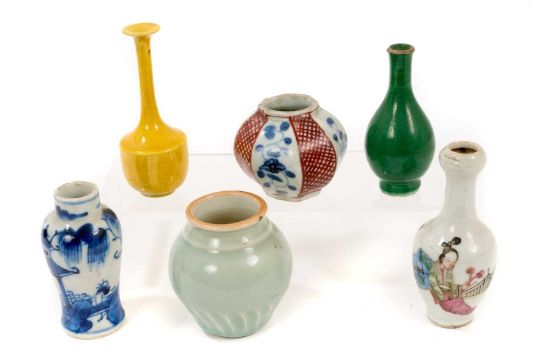 Six miniature 19th century Chinese and Japanese vases, including one blue and white, one famille ros - Image 1 of 7