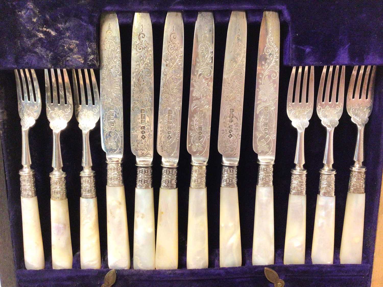 Cased set of 12 pairs of Edwardian silver and mother of pearl desert knives and forks - Image 2 of 5