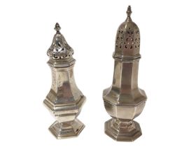 George V silver caster of hexagonal baluster form, together with another, similar
