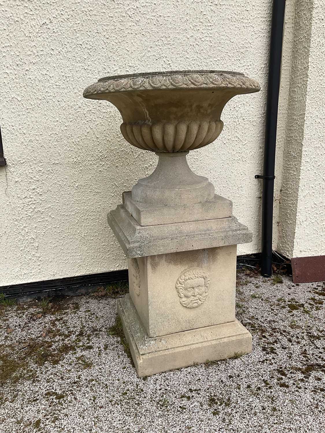 Large pair of reconstituted stone garden urms of campagna form with egg and dart rim, reeded bowl on - Image 8 of 15