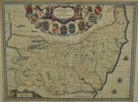 17th century hand coloured engraved map of Suffolk by Janssonius, 38cm x 49cm, in glazed frame