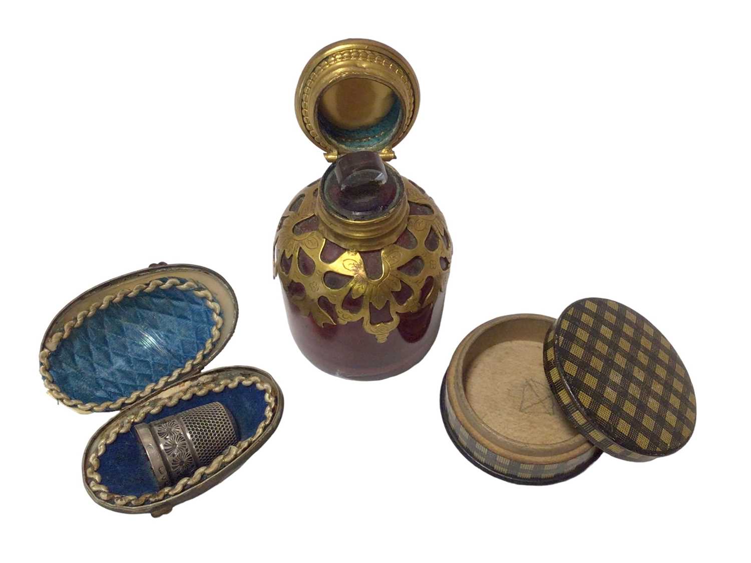 19th century French scent bottle with cameo cover, together with tartan box and mother of pearl box - Image 2 of 3