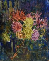 Amy Watt (1900-1956) oil on board - flowers in a vase, Evening, Walton Street, 40 x 51cm