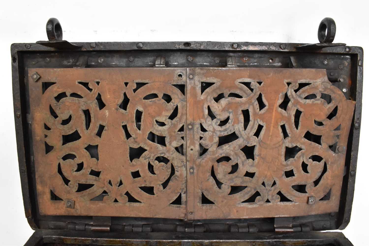 17th century German iron Armada chest with intricate locking system, key marked S. Morden - Image 3 of 23