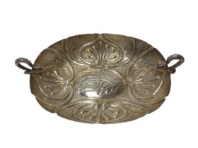 Victorian silver dish of oval form, with embossed foliate decoration,