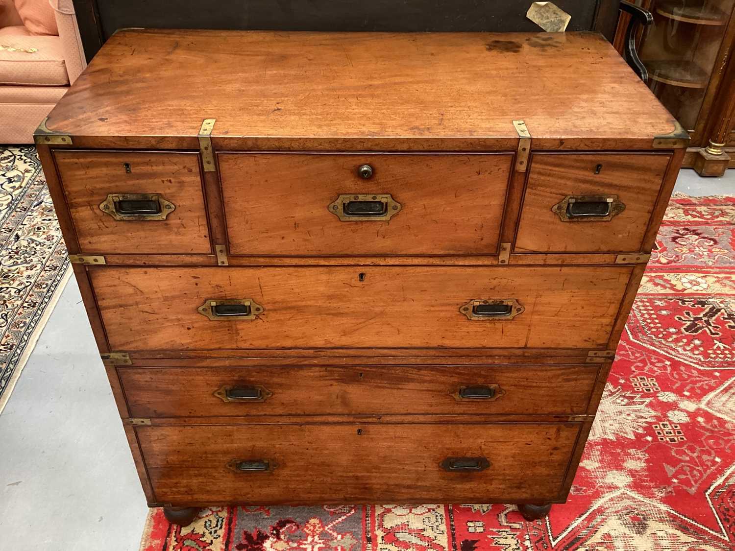 Victorian mahogany and brass bound secretaire campaign chest, in two parts - Image 8 of 10