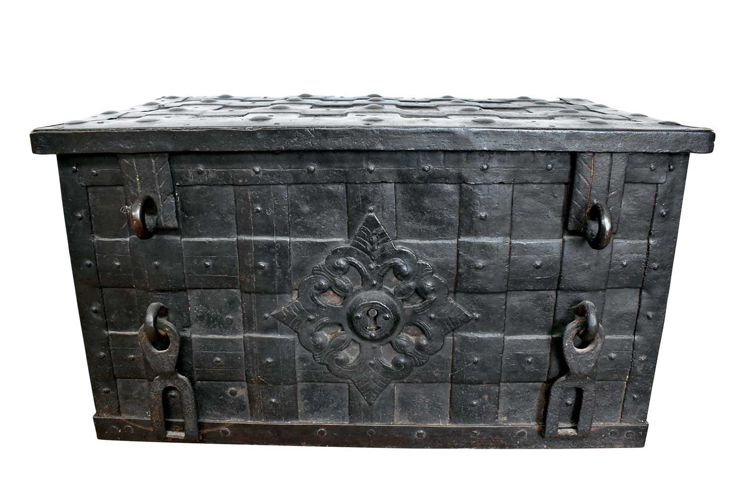 17th century German iron Armada chest with intricate locking system, key marked S. Morden