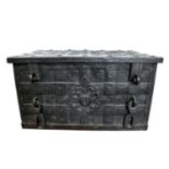 17th century German iron Armada chest with intricate locking system, key marked S. Morden