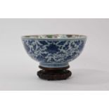 Antique Chinese porcelain blue and white and famille rose bowl (with wooden stand)